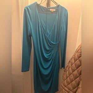 BLUE CALVIN KLEIN V-NECK LONG SLEEVE RUCHED FAUX WRAP TURQUOISE DRESS SIZE 6